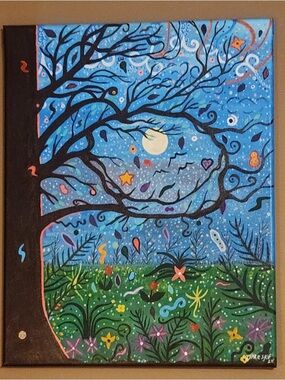 “Moonlight Reverie” Canvas Painting in Blue and Green—East TN Artist 16x20